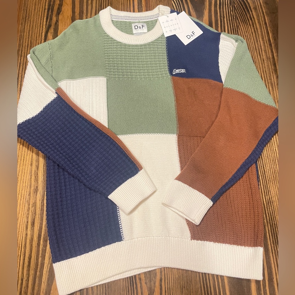 Denim & Flower Men's Colorblock Crewneck Sweater-Green, Blue, Brown, White, NWT